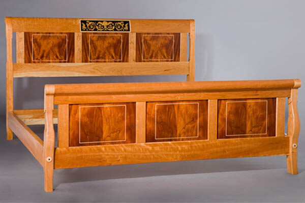 I've Arrived King bed: curly cherry, crotch mahogany, ebony and satin wood marquetry and maple inlay 78″w x 89″l x 48″ h