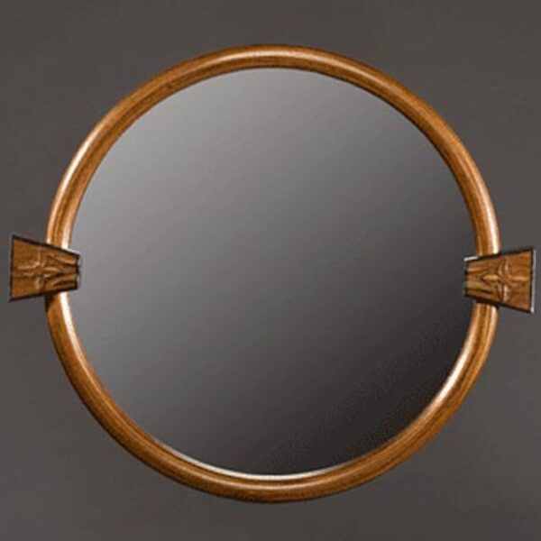 Circular mirror: Laminated black walnut frame, hand carved blocks, bog oak. 14″ outside diameter