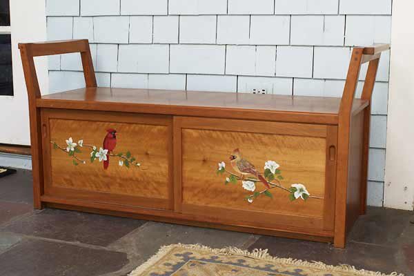 Entryway boot bench: Cherry with hand painted birds 52″ w x 24″ h x 17″ d