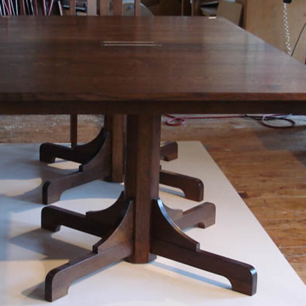 Extension dining table: Stained quartersawn white oak with holly and ebony inlay. Seats up to 12
76-110″ l x 48″ w x 30″ h