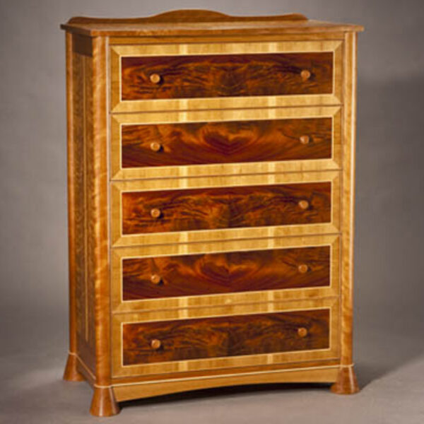 Five drawer bureau: Butt matched crotch mahogany, curly cherry, maple inlay,pearwood handles 40″ W x 54″ H x 20 1/2″ D