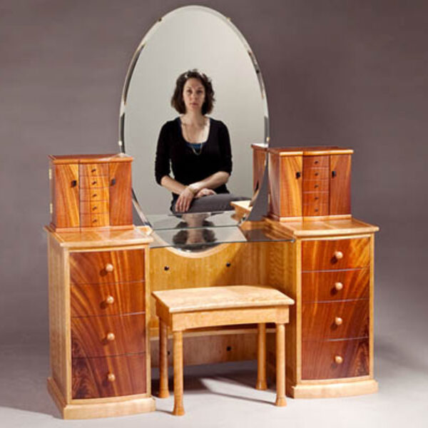 Look at me vanity: with bench and jewelry boxes Crotch mahogany, curly cherry, pearwood and ebony handles. 52″w x 52″h x 20 1/2″d