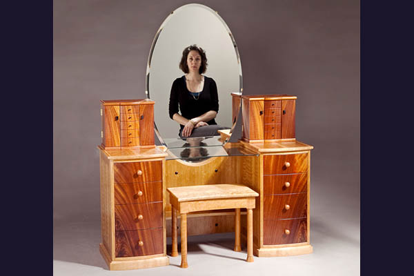 Look at me vanity: with bench and jewelry boxes Crotch mahogany, curly cherry, pearwood and ebony handles.