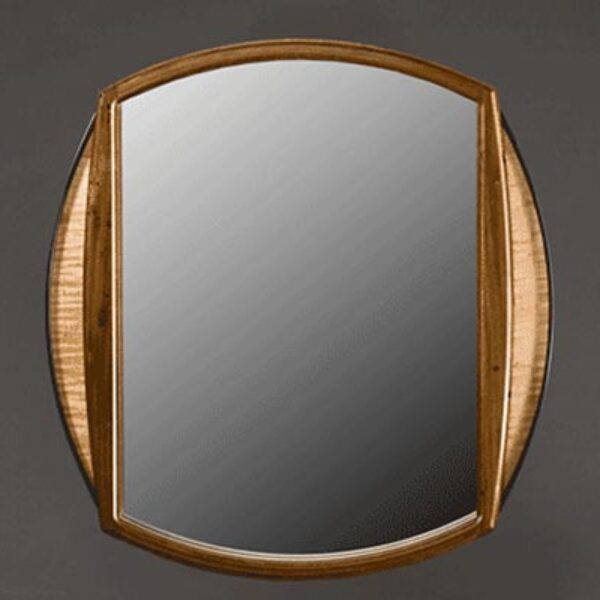 Wedding mirror: Black walnut, curly maple, ebony laminated curves. 17″h x 15″w