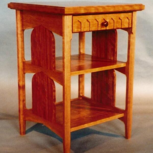 Bedside table: Quilted cherry, cherry, bubinga, hand dovetailed and fitted drawer. 26″ h x 20″ w x 20″ l